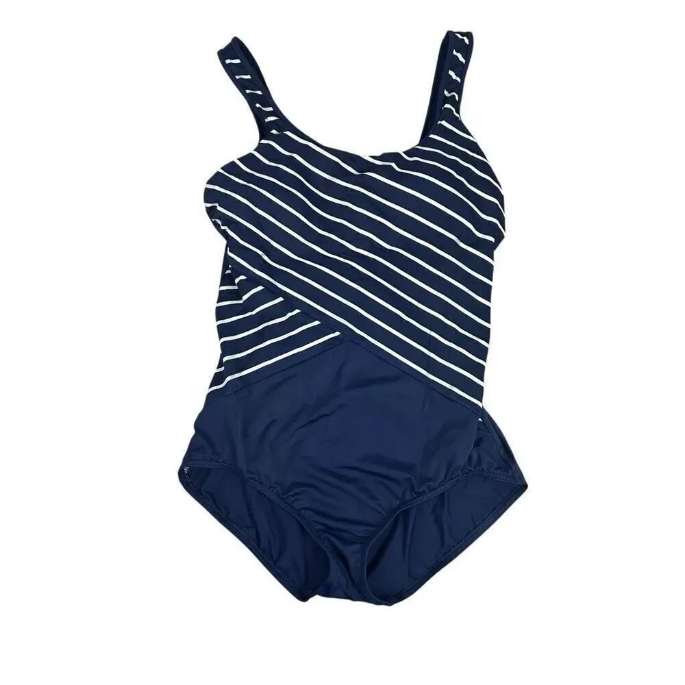 Lands End 12L Tugless Tank One Piece Swimsuit Navy White